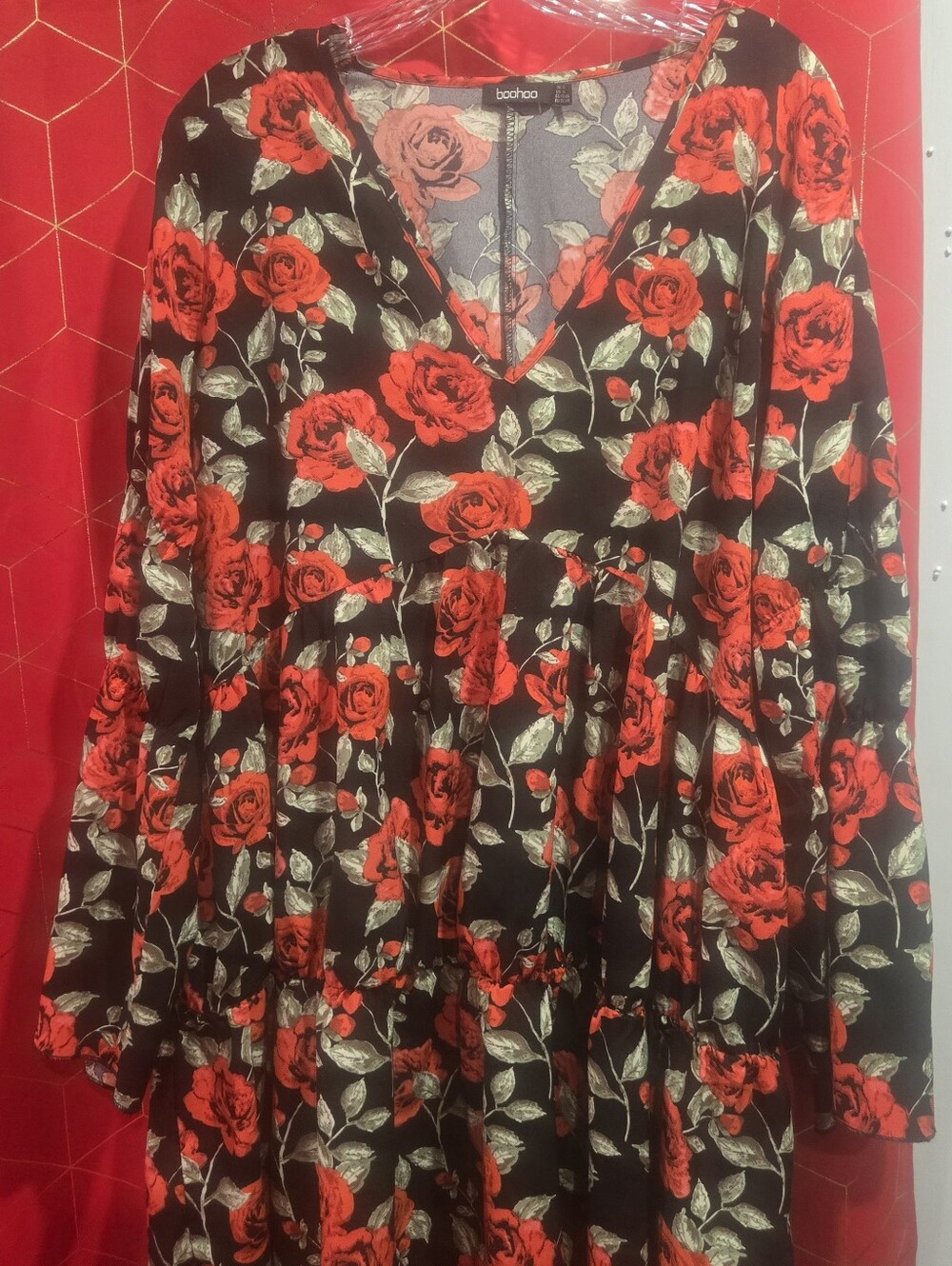 Boohoo Black Dress with Red Rose Allover Print. In Great Condition!